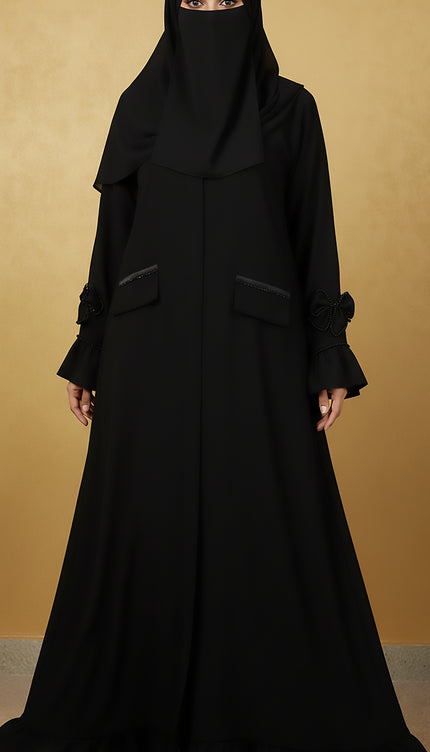 T-Shirt Semi Jacket Style Abaya | Front Pockets, Satin Frill Detailing & Minimal Handwork
