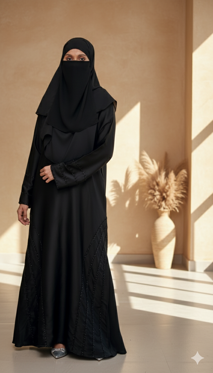 Black Fancy Embroidered A‑Line Abaya | Pearl & Bead Side Detailing | Designer