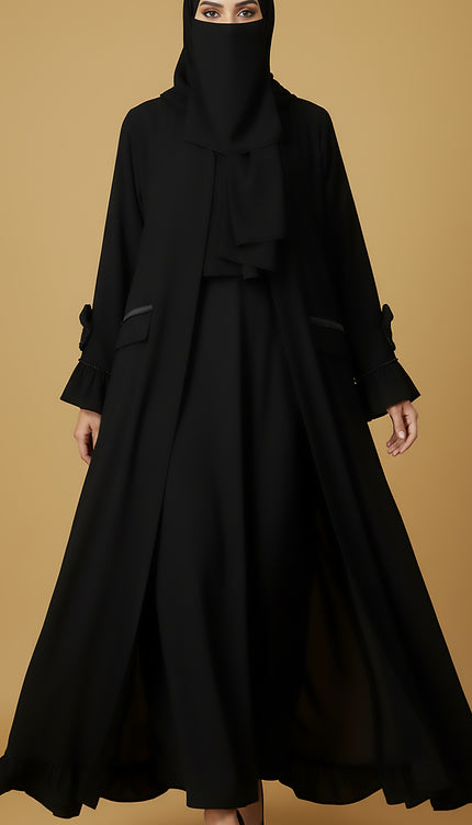 T-Shirt Semi Jacket Style Abaya | Front Pockets, Satin Frill Detailing & Minimal Handwork