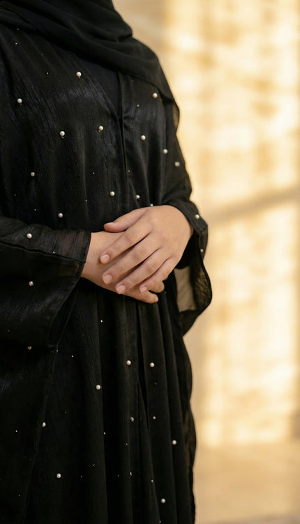 Luxury Black Farasha Jacket Abaya Set for Girls | Organza & Armani Satin