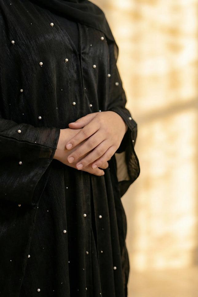 Luxury Black Farasha Jacket Abaya Set for Girls | Organza & Armani Satin