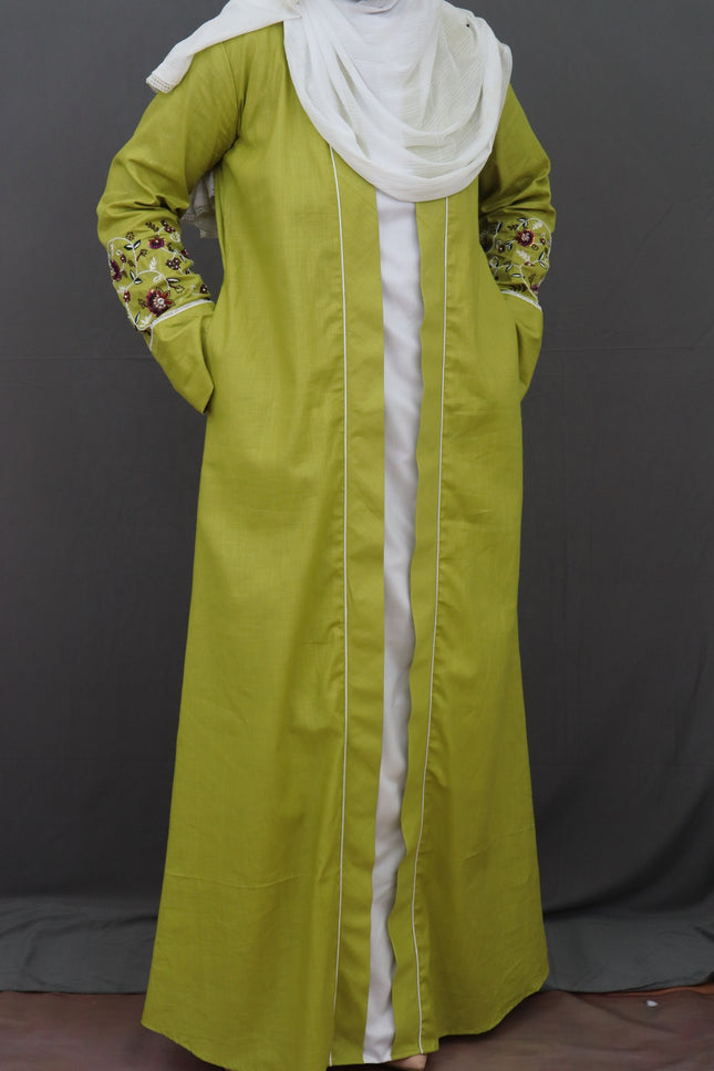 Mustard Yellow Flower Embroidered A-Line Abaya – Mustard Yellow Flower Embroidered A-Line Abaya –