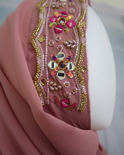 Handwork Designer Hijab powder pink - Wool Peach imported korean chiffon DHS0014