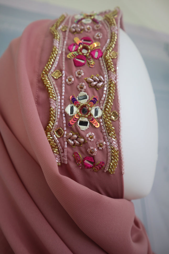 Handwork Designer Hijab powder pink - Wool Peach imported korean chiffon DHS0014