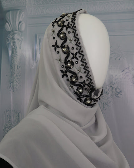 Handwork Designer Grey Hijab  - Wool Peach imported korean chiffon DHS0013