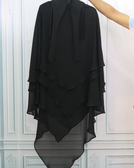 Triple Layer Khimar - Wool Peach imported korean Chiffon - Black K3L0011