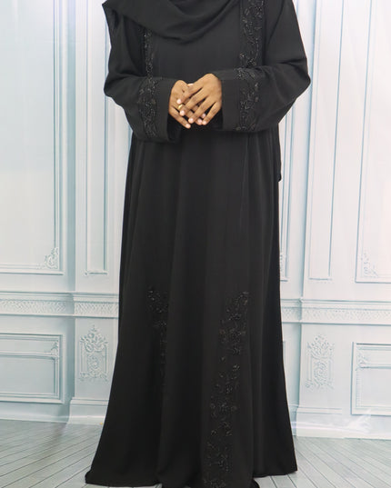 Black Fancy Embroidery Abaya,using premium imported Korean Nida fabric,  Hand-embroidered detailing between anchoring and straight sleeves