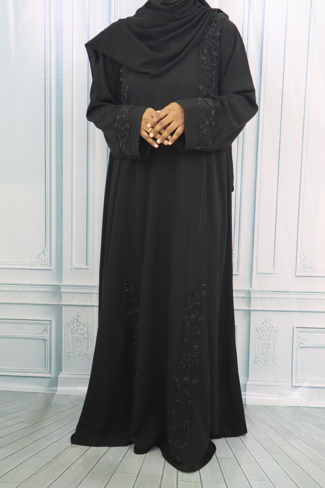 Black Fancy Embroidery Abaya,using premium imported Korean Nida fabric,  Hand-embroidered detailing between anchoring and straight sleeves