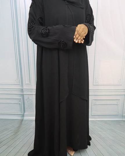 Collage  Abaya - Imported Korean Nida with Velvet Handwork Rose In sleeves