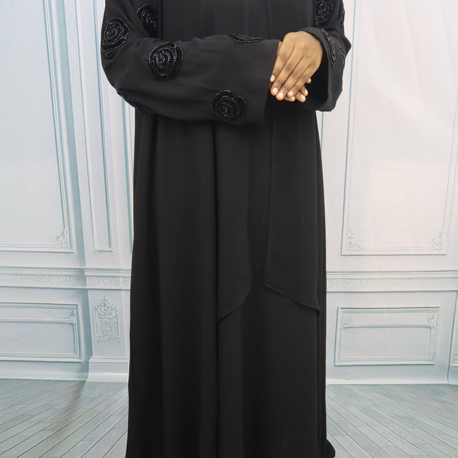 Collage  Abaya - Imported Korean Nida with Velvet Handwork Rose In sleeves