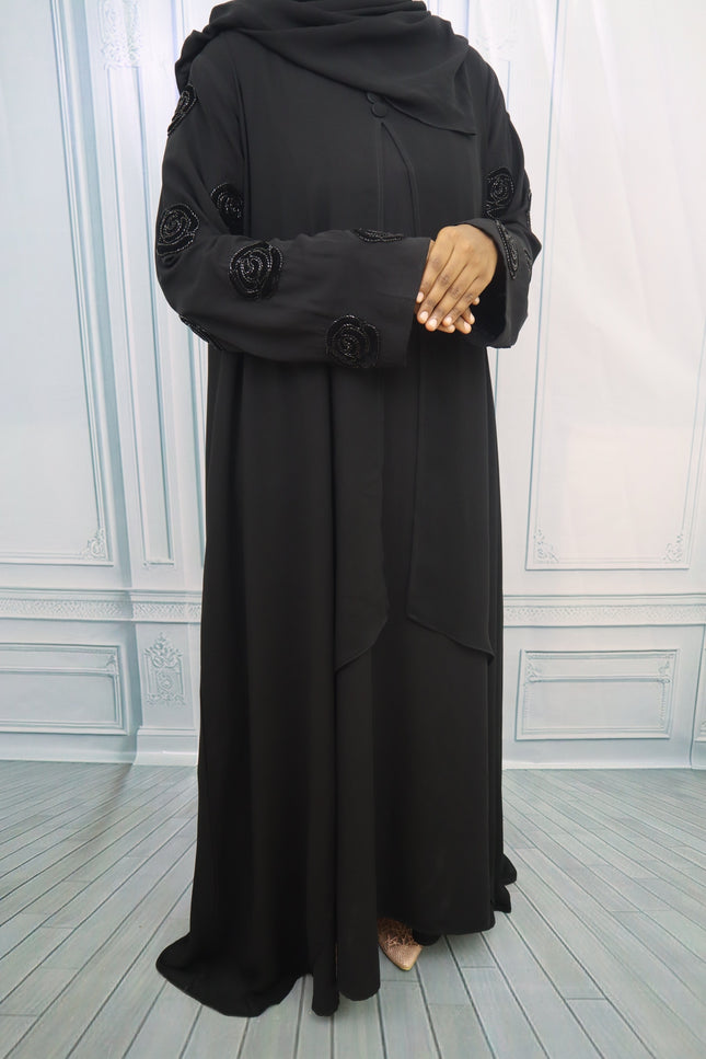 Collage  Abaya - Imported Korean Nida with Velvet Handwork Rose In sleeves