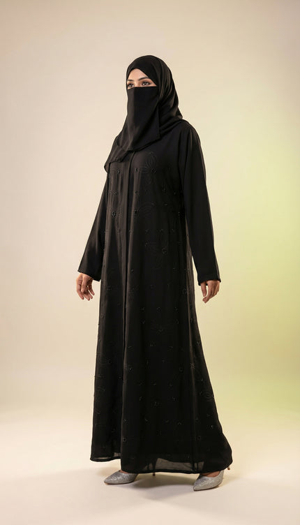 Elegant Black A-Line Abaya for Women with Korean Nida Fabric & Chiffon Hijab | Minimal Floral Stone Work