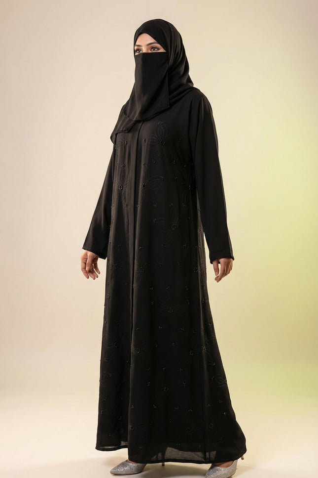 Elegant Black A-Line Abaya for Women with Korean Nida Fabric & Chiffon Hijab | Minimal Floral Stone Work