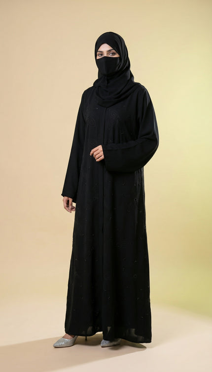 Elegant Black A-Line Abaya for Women with Korean Nida Fabric & Chiffon Hijab | Minimal Floral Stone Work