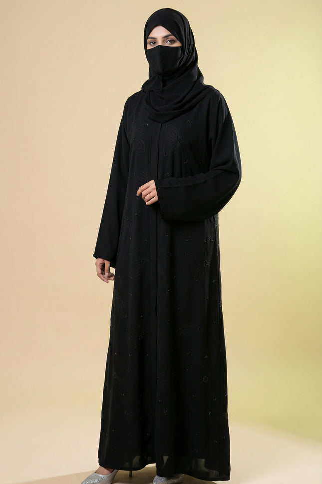 Elegant Black A-Line Abaya for Women with Korean Nida Fabric & Chiffon Hijab | Minimal Floral Stone Work