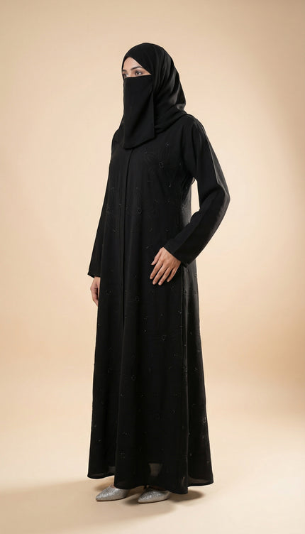 Elegant Black A-Line Abaya for Women with Korean Nida Fabric & Chiffon Hijab | Minimal Floral Stone Work