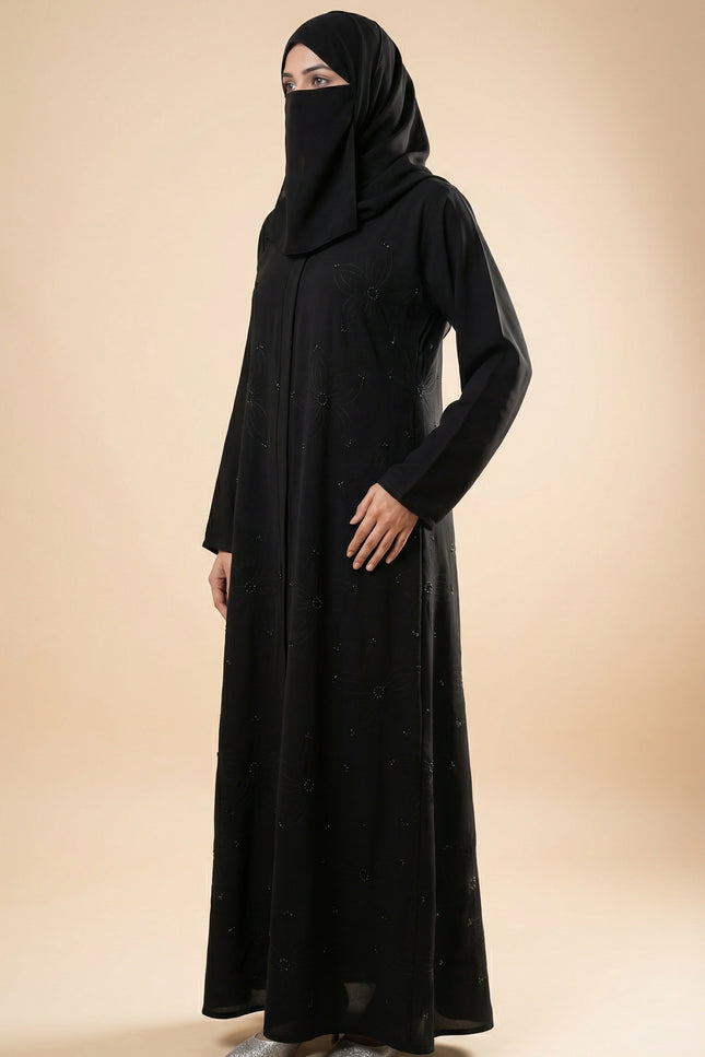 Elegant Black A-Line Abaya for Women with Korean Nida Fabric & Chiffon Hijab | Minimal Floral Stone Work
