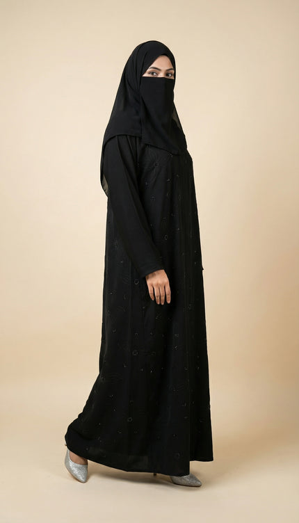 Elegant Black A-Line Abaya for Women with Korean Nida Fabric & Chiffon Hijab | Minimal Floral Stone Work