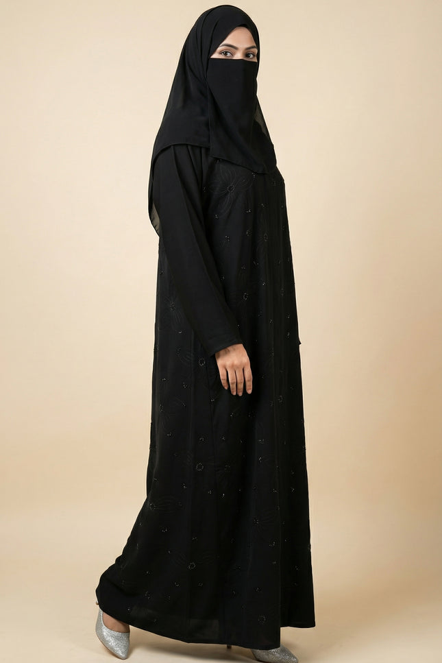 Elegant Black A-Line Abaya for Women with Korean Nida Fabric & Chiffon Hijab | Minimal Floral Stone Work