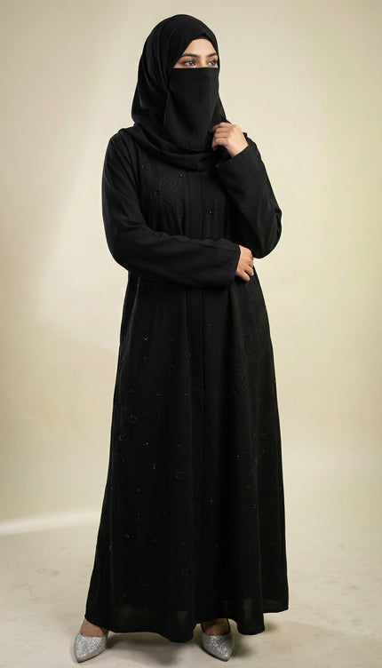 Elegant Black A-Line Abaya for Women with Korean Nida Fabric & Chiffon Hijab | Minimal Floral Stone Work