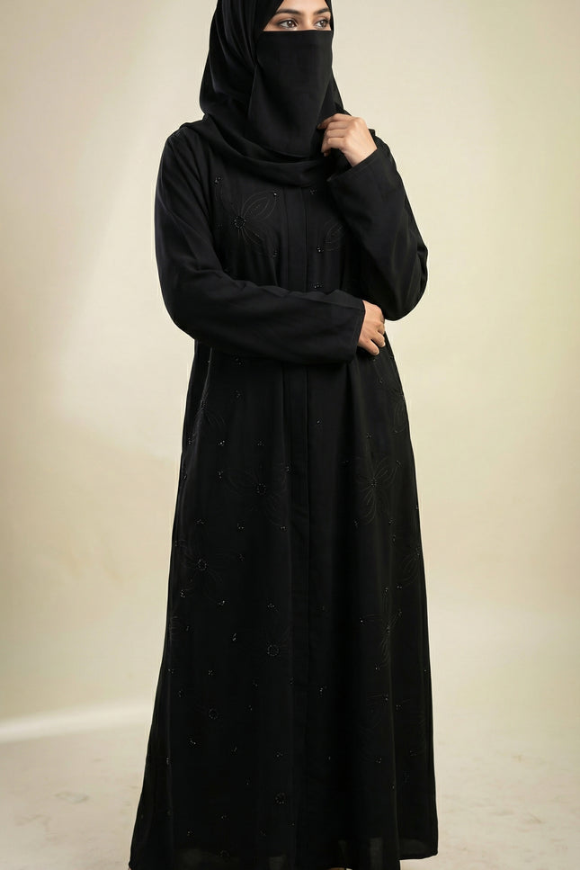 Elegant Black A-Line Abaya for Women with Korean Nida Fabric & Chiffon Hijab | Minimal Floral Stone Work