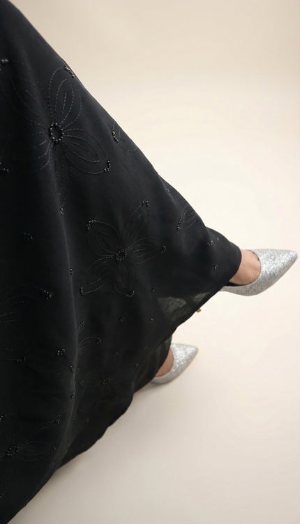 Elegant Black A-Line Abaya for Women with Korean Nida Fabric & Chiffon Hijab | Minimal Floral Stone Work