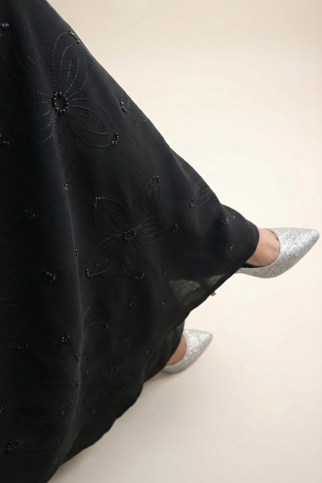 Elegant Black A-Line Abaya for Women with Korean Nida Fabric & Chiffon Hijab | Minimal Floral Stone Work