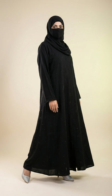 Elegant Black A-Line Abaya for Women with Korean Nida Fabric & Chiffon Hijab | Minimal Floral Stone Work