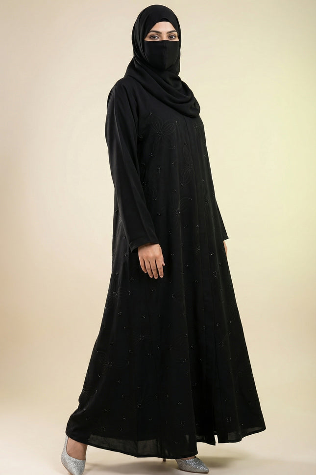 Elegant Black A-Line Abaya for Women with Korean Nida Fabric & Chiffon Hijab | Minimal Floral Stone Work