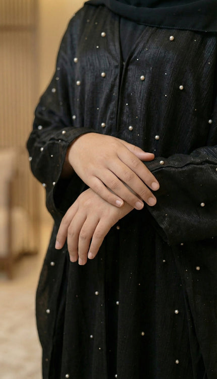 Luxury Black Farasha Jacket Abaya Set for Girls | Organza & Armani Satin