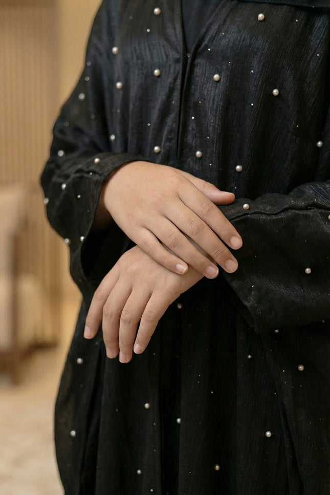 Luxury Black Farasha Jacket Abaya Set for Girls | Organza & Armani Satin