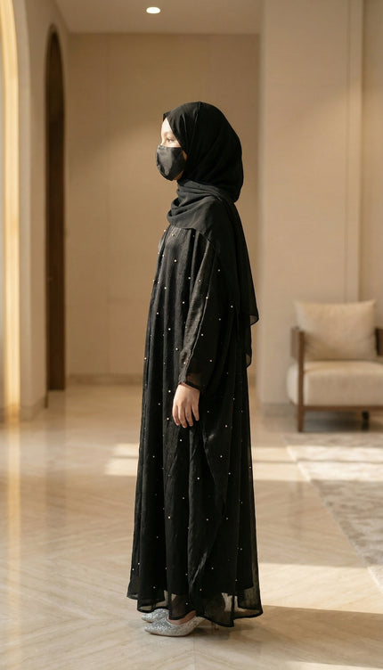 Luxury Black Farasha Jacket Abaya Set for Girls | Organza & Armani Satin