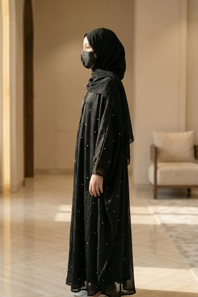 Luxury Black Farasha Jacket Abaya Set for Girls | Organza & Armani Satin