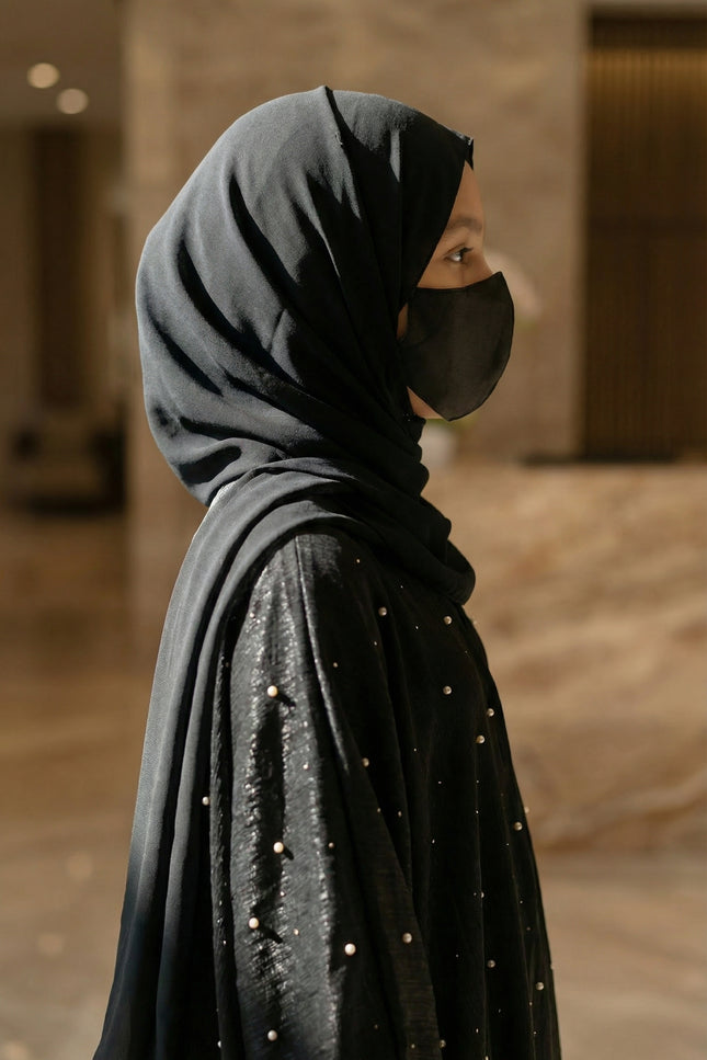 Luxury Black Farasha Jacket Abaya Set for Girls | Organza & Armani Satin