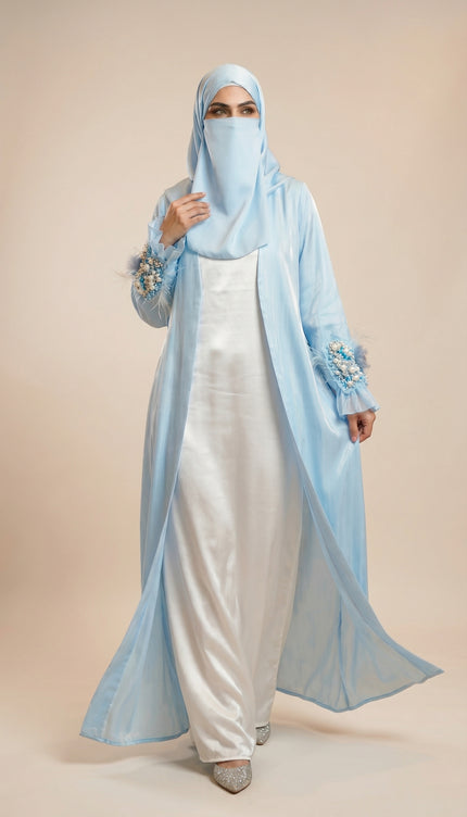Luxury Blue Bow Jacket Abaya | Women's Shimmer Organza & Armani Satin