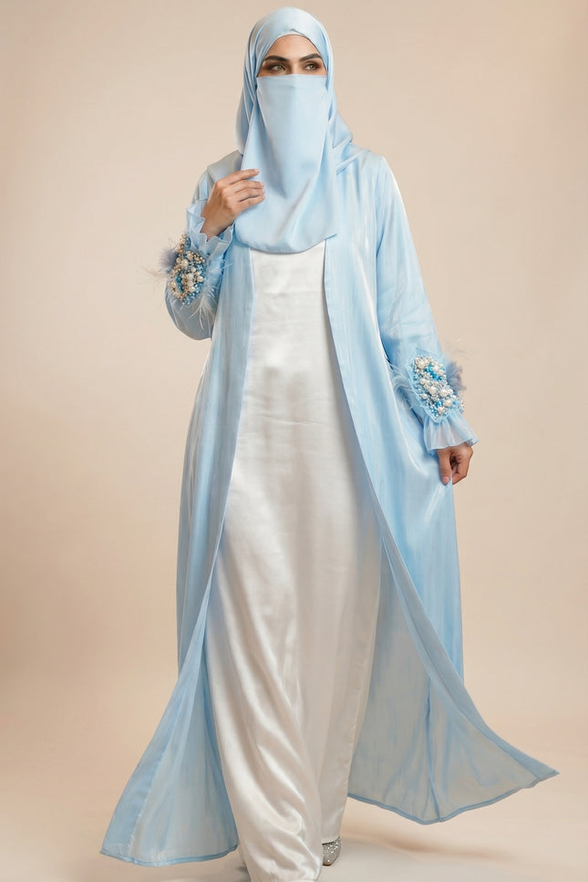 Luxury Blue Bow Jacket Abaya | Women's Shimmer Organza & Armani Satin