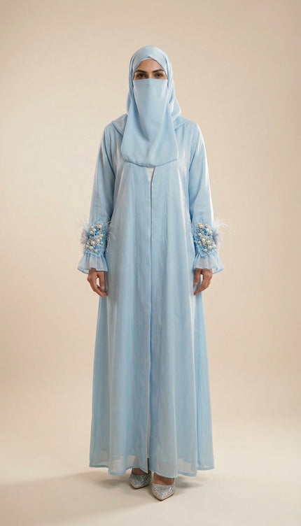 Luxury Blue Bow Jacket Abaya | Women's Shimmer Organza & Armani Satin