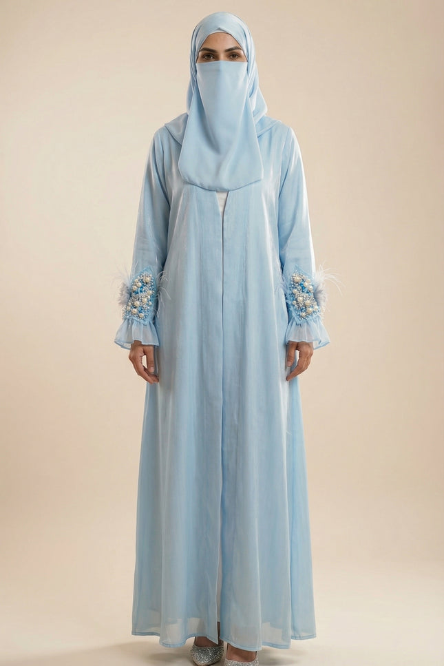 Luxury Blue Bow Jacket Abaya | Women's Shimmer Organza & Armani Satin