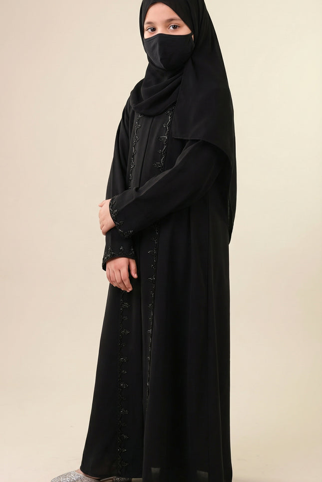 Black A-Line Semi Jacket Abaya with Embroidered Cuffed Sleeves | Imported Korean Nida & Chiffon Wool Peach