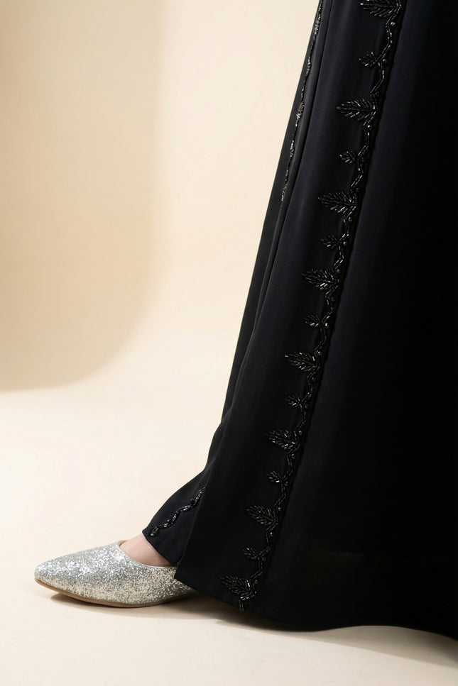 Black A-Line Semi Jacket Abaya with Embroidered Cuffed Sleeves | Imported Korean Nida & Chiffon Wool Peach