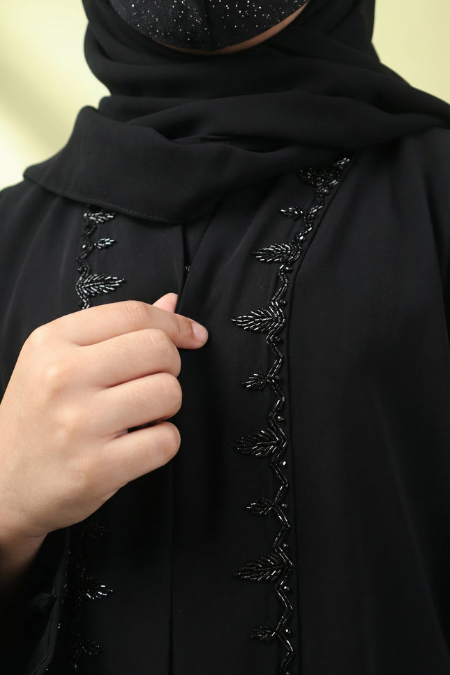 Black A-Line Semi Jacket Abaya with Embroidered Cuffed Sleeves | Imported Korean Nida & Chiffon Wool Peach