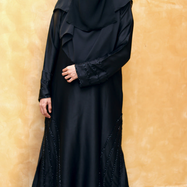 Black Fancy Embroidered A‑Line Abaya | Pearl & Bead Side Detailing | Designer