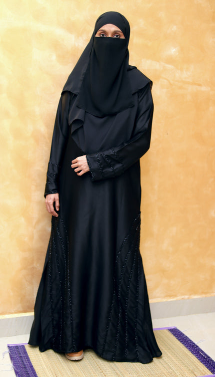 Black Fancy Embroidered A‑Line Abaya | Pearl & Bead Side Detailing | Designer
