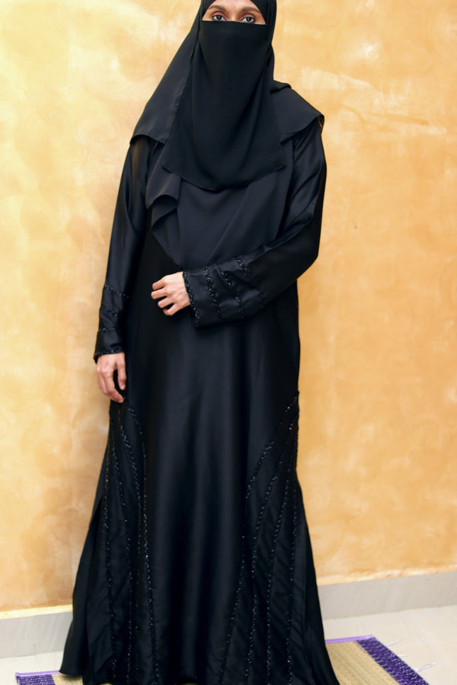 Black Fancy Embroidered A‑Line Abaya | Pearl & Bead Side Detailing | Designer