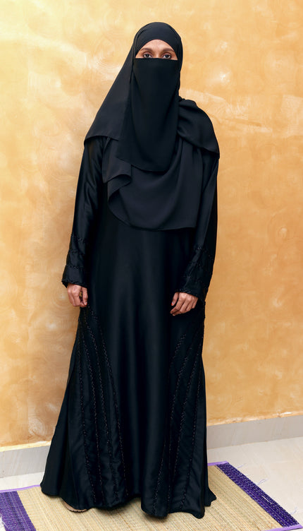 Black Fancy Embroidered A‑Line Abaya | Pearl & Bead Side Detailing | Designer