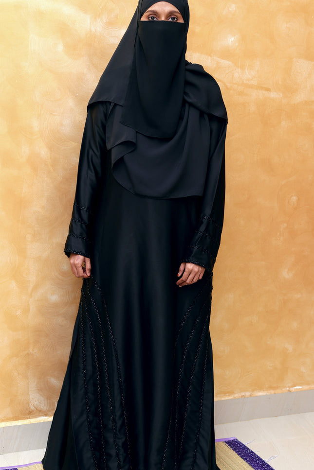 Black Fancy Embroidered A‑Line Abaya | Pearl & Bead Side Detailing | Designer