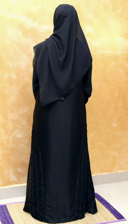 Black Fancy Embroidered A‑Line Abaya | Pearl & Bead Side Detailing | Designer