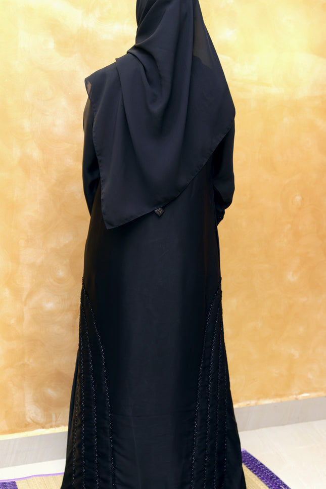 Black Fancy Embroidered A‑Line Abaya | Pearl & Bead Side Detailing | Designer