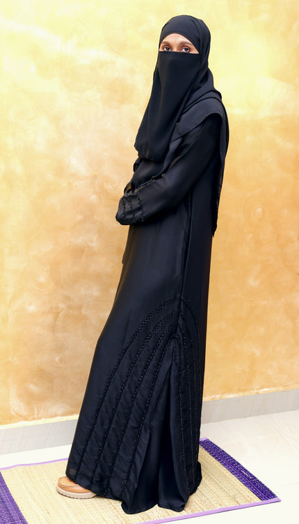Black Fancy Embroidered A‑Line Abaya | Pearl & Bead Side Detailing | Designer
