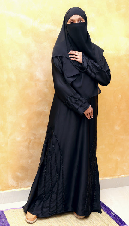 Black Fancy Embroidered A‑Line Abaya | Pearl & Bead Side Detailing | Designer